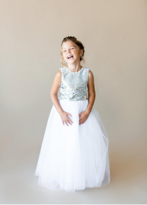 Silver Sequin White Tulle Cross Back Floor Length Flower Girl Dress